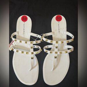 Tahari White Sandals with Gold Studs